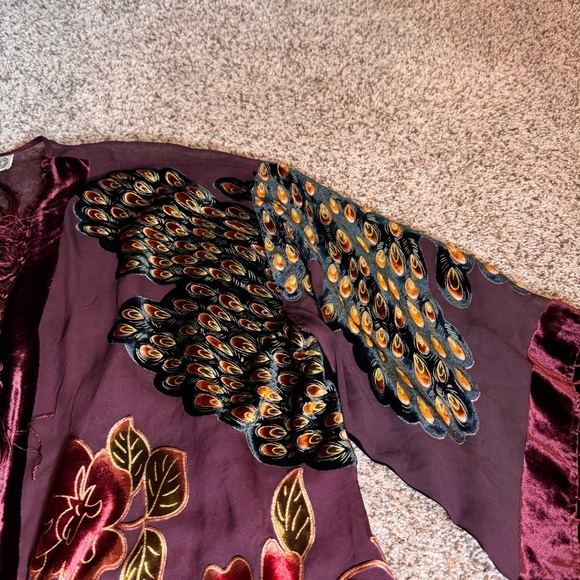 TAN Silk Blend Floral Peacock Fringe Kimono - O/S - Picture 4 of 7